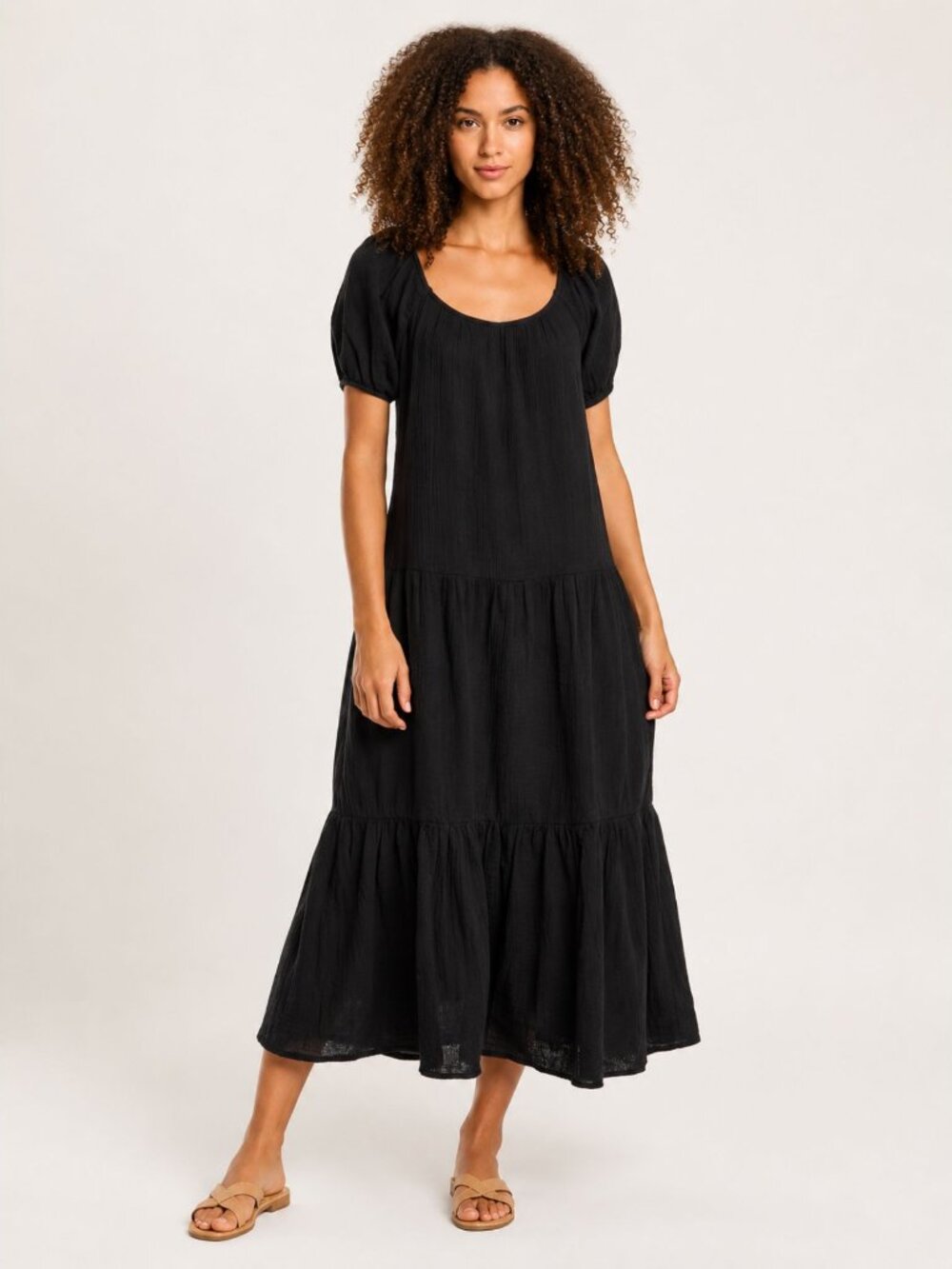 Socialite Black Tiered Puff Sleeve Cotton Gauze Dress Size Medium